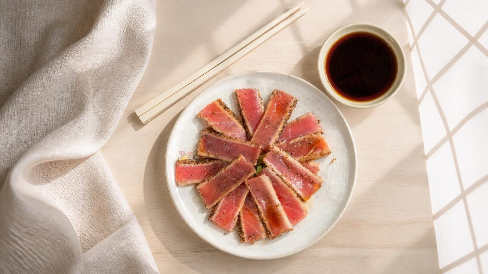 Black Pepper Tuna on a handmade ceramic plate