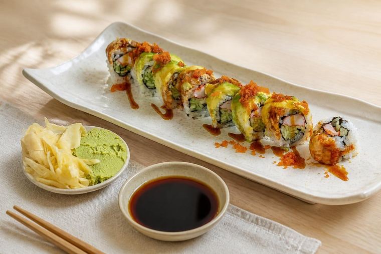 Sushi rolls with pickled ginger and wasabi